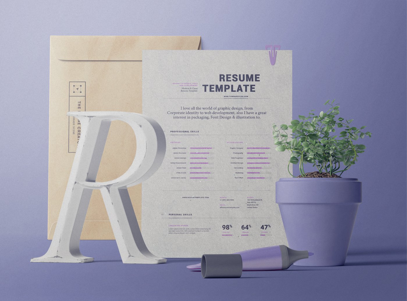 Free The Scene Creator Mockup | Resume, Envelope, Paper, Plants, Pen Frontview PSD