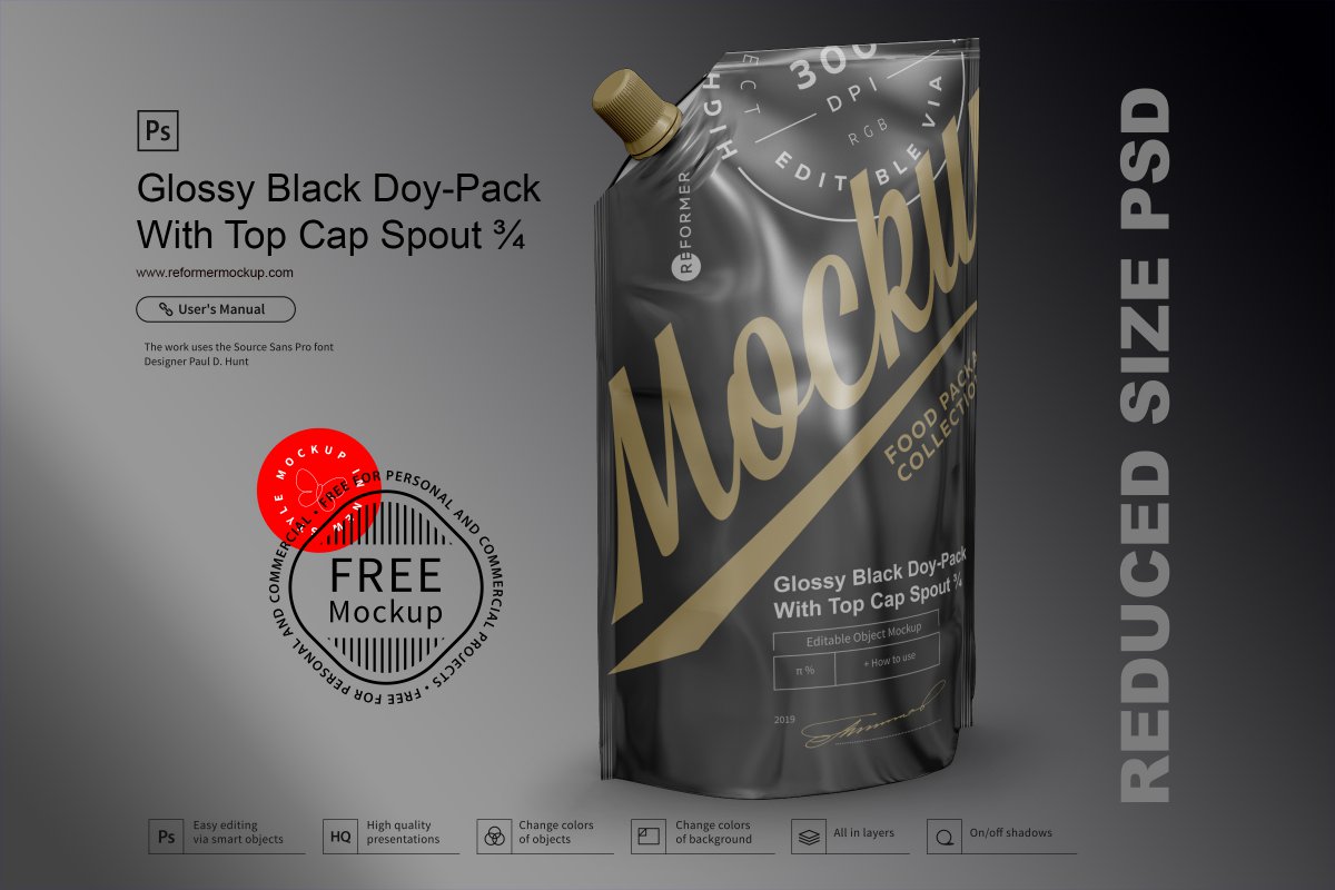 Download Free Mockup Glossy Black Doy-Pack With Top Cap Spout ...